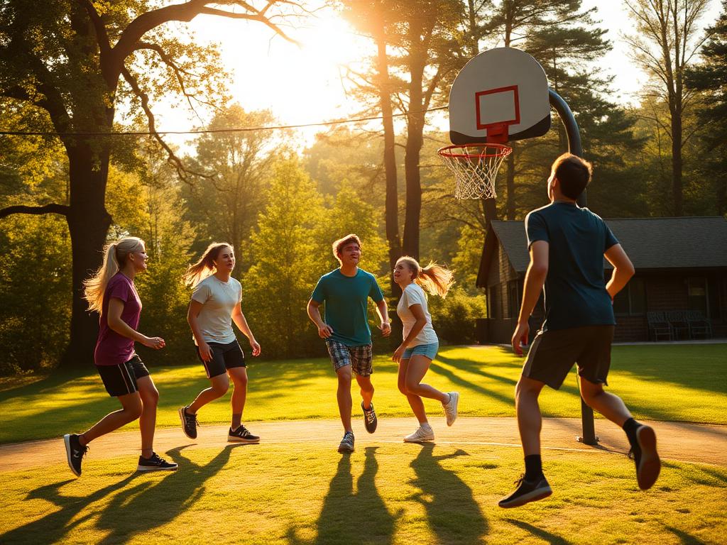 Teens playing basketball at the family retreat