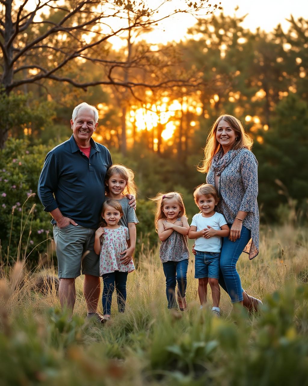 Family retreat group photo at sunset